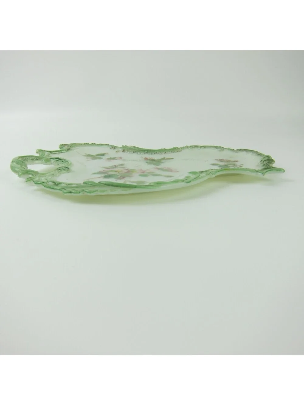 Vintage Milk Glass Vanity Tray / Candy Dish Green & Pink Flowers Open Handle